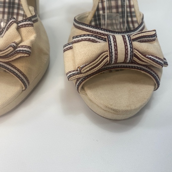 American Eagle Womens Heel Shoes 10 Canvas Peep Toe Ankle Strap Bows Plaid - Picture 4 of 16